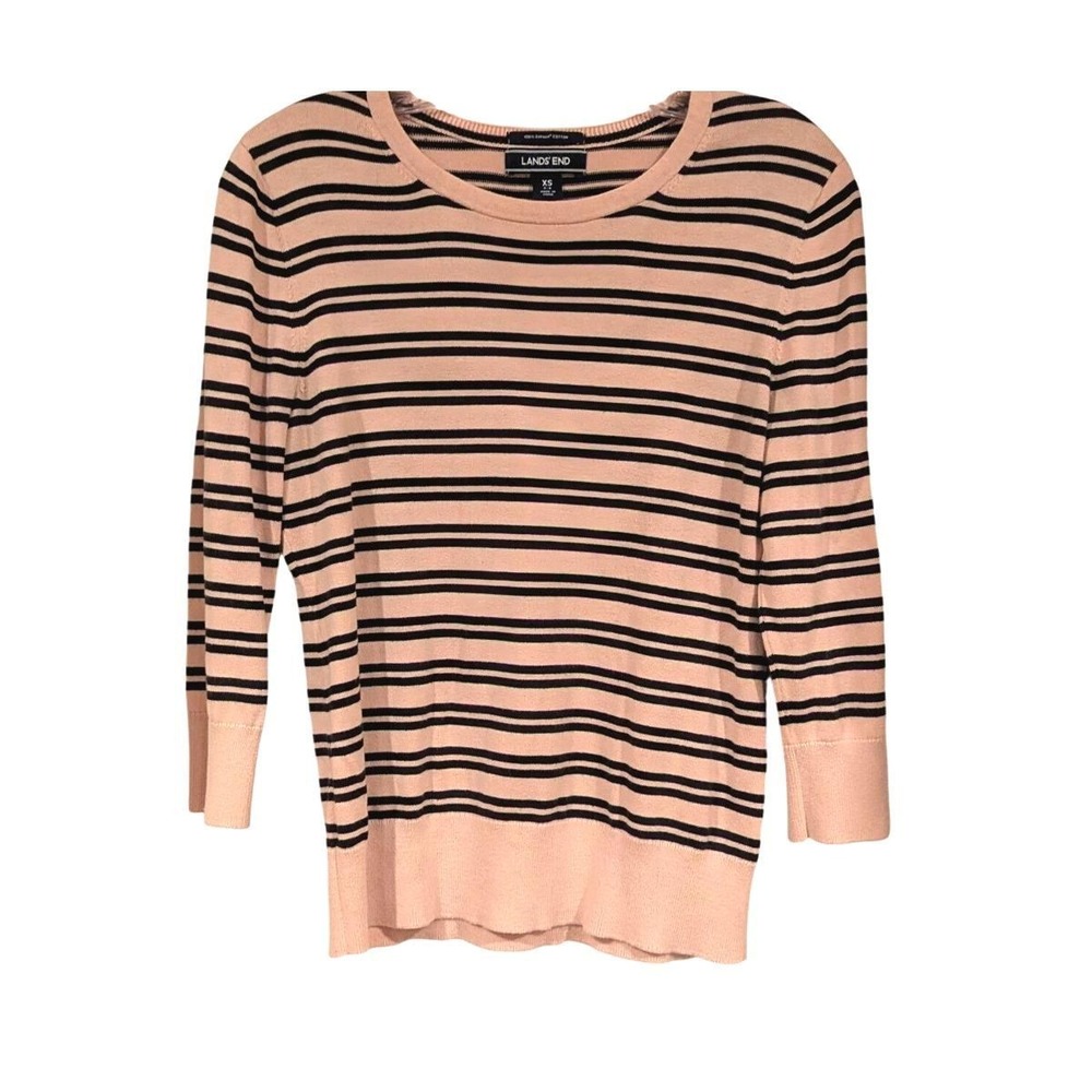 Lands' End Striped Sweater XS Pink Navy Blue Supima Cotton 3/4 Sleeve‎ Pullover